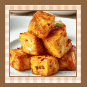 Baked tofu cubes on a white plate