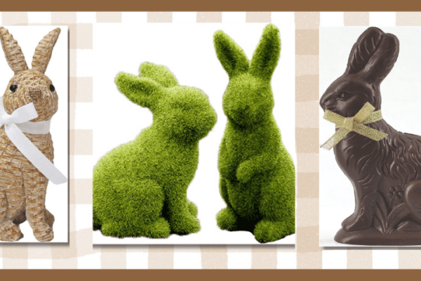 Image featuring three different bunny decorations One is rattan two are green flocked and one is a faux chocolate resin rabbit
