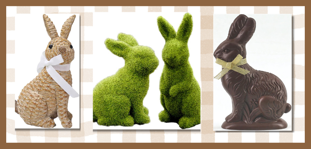 Image featuring three different bunny decorations. One is rattan, two are green flocked, and one is a faux chocolate resin rabbit.