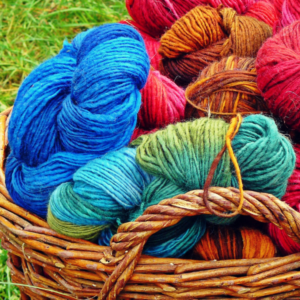 Basket of colorful skeins of wool yarn