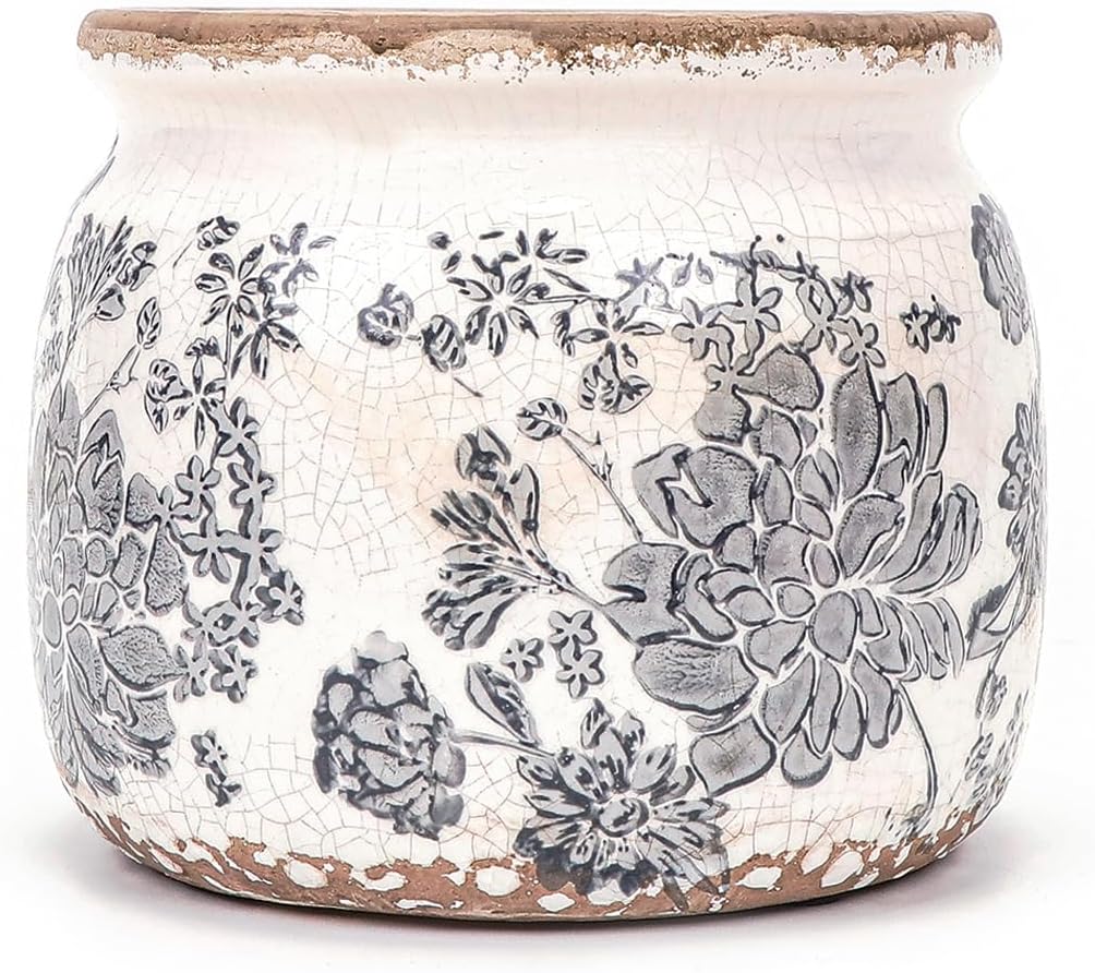 Vintagey-Flower-Pot | The Granite Acorn Vintage looking white crackle finish pot with a gray floral design