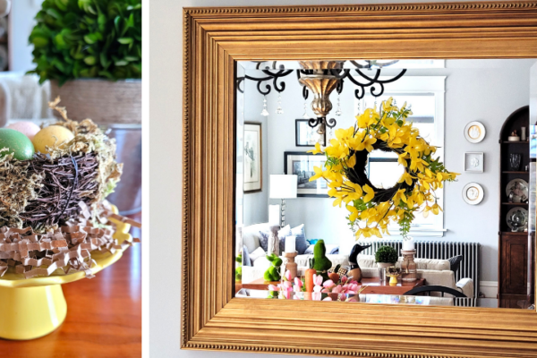 Faux bird's nest with mini easter eggs on a yellow ceramic stand and a faux mini forsythia wreath on a gold framed mirror