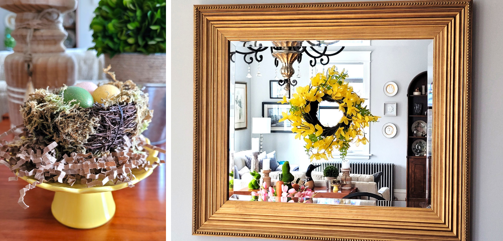 Faux bird's nest with mini Easter eggs on a yellow ceramic stand and a faux mini forsythia wreath on a gold framed mirror.