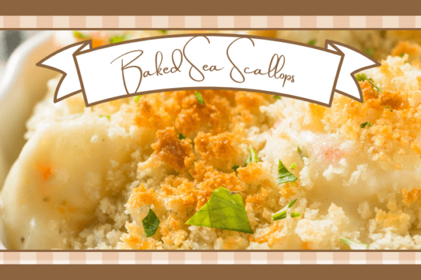 Closeup of baked sea scallops with a cracker crumb topping