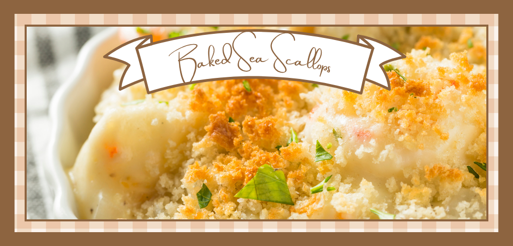 Closeup of baked sea scallops with a cracker crumb topping.
