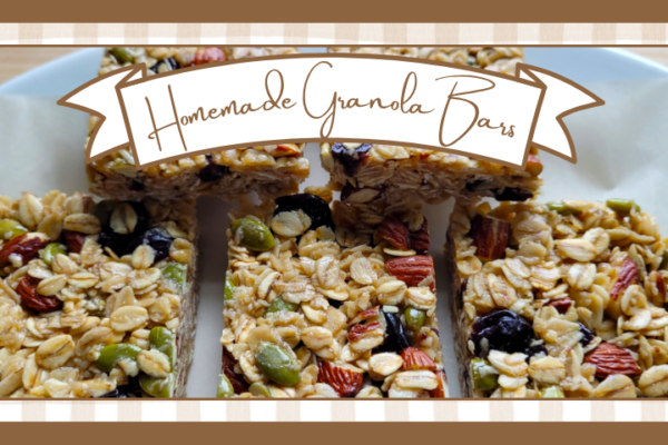 Plate of homemade granola bars The bars have oats almonds pepitas and dried cherries