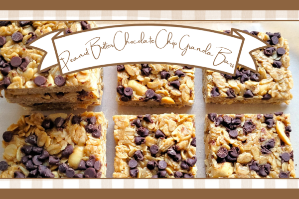 Photo of peanut butter chocolate chip granola bars arranged in a grid with a decorative banner reading 'peanut butter chocolate chip granola bars' across the top border of the image