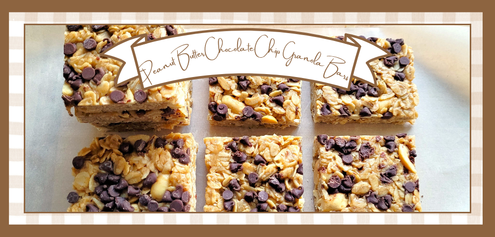 Photo of peanut butter chocolate chip granola bars arranged in a grid with a decorative banner reading 'Peanut Butter Chocolate Chip Granola Bars' across the top border of the image.