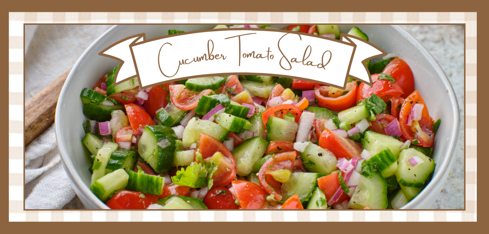 Cucumber-Tomato-Salad-Banner | The Granite Acorn Cucumber and tomato salad in a white bowl with diced cucumbers tomatoes red onion and herbs banner reads 'cucumber tomato salad'
