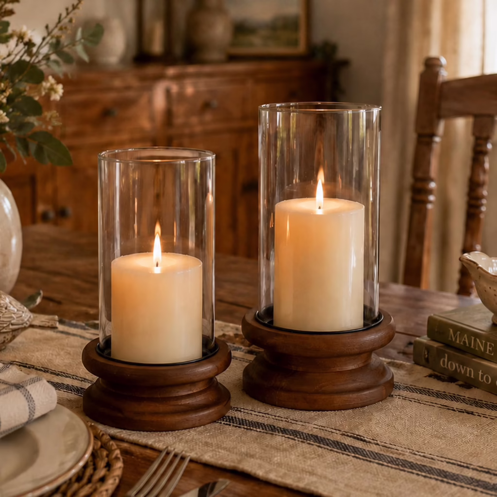 Hurricane-Candle-Holders | The Granite Acorn Two lit pillar candles inside glass hurricane holders sit on a rustic wooden dining table creating a warm centerpiece