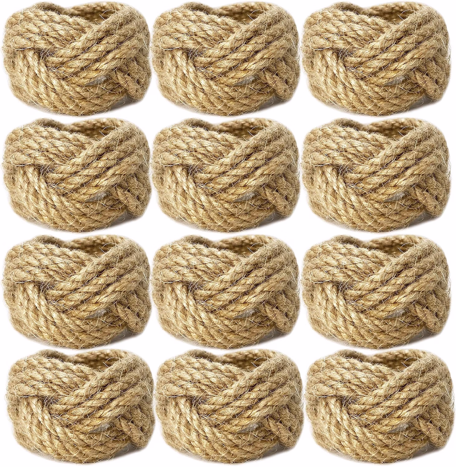 Rustic-Napkin-Rings | The Granite Acorn Twelve coiled natural jute rope balls arranged in a grid on a white background