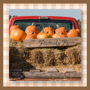 Pumpkins stacked on hay bales in the back of a red truck with a wooden sign reading 'The Family Farm'